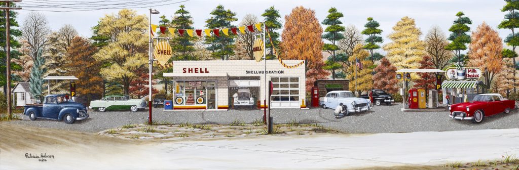 "When America Was Great" is a fall art print featuring the Shell gas station at Brooks Crossroads in the western part of Yadkin County, NC. It is a view of the station as it appeared in 1957 Vintage cars and all.