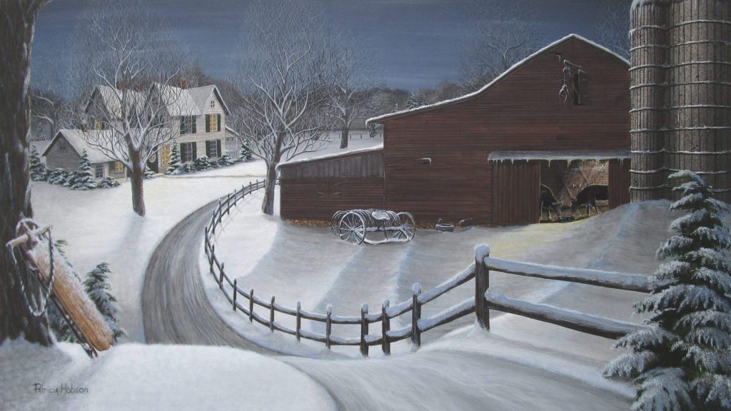 "Three Generations" is a country art print featuring a farm house and an old barn, on a snowy evening, with two cows and a newborn calf. Three generations of the same cow family. 