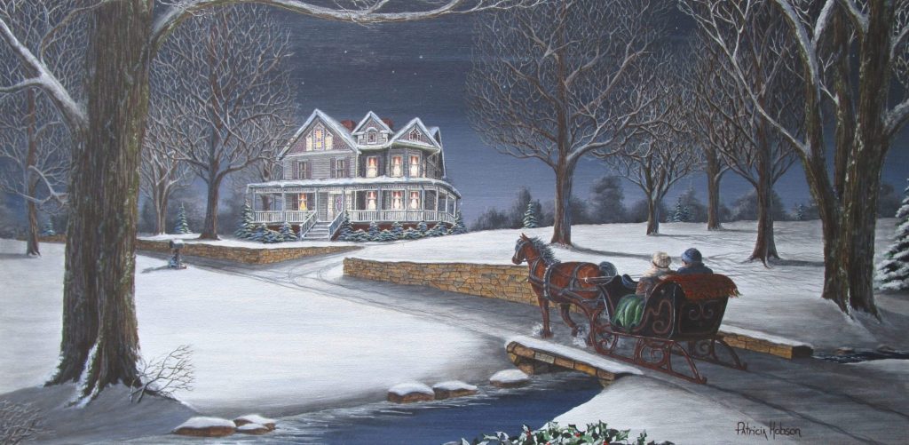 This winter art print features a couple taking a sleigh ride by a beautiful Victorian home.