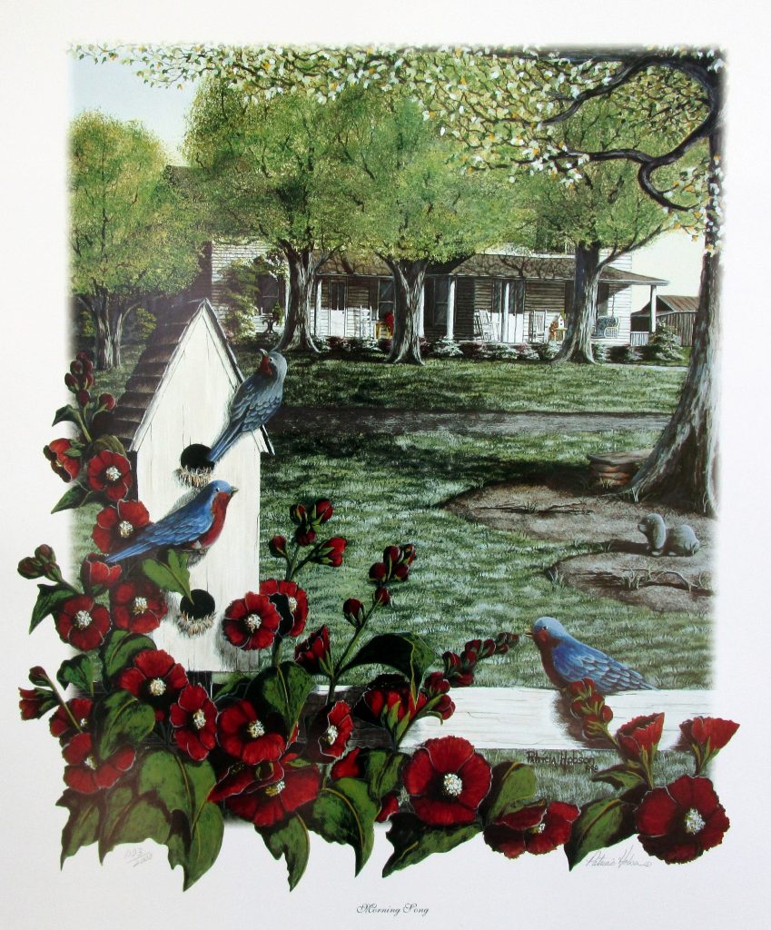 "Morning song" a spring scene featuring a bird house with three blue birds and some deep red Hollyhocks on a fence in front of a house in the distance.