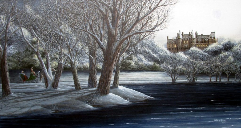 "An American Castle" is a beautiful historical art print featuring a couple taking a moonlight sleigh ride by the lake behind the Biltmore Estate in Asheville, NC. The castle stands brightly on the hill in the distance.