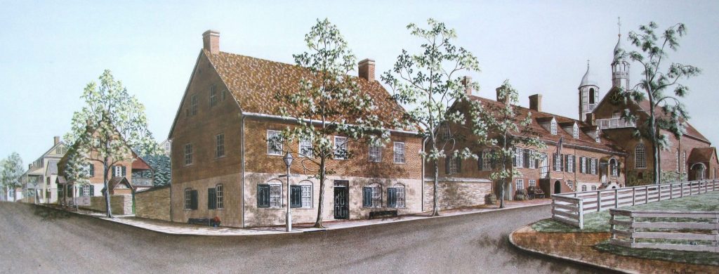 "Salem" The Moravian settlement of Old Salem, North Carolina. In this historical art print the main feature is the "Boys School" leading to Home Moravian Church to the right and the Winkler Bakery to the left.