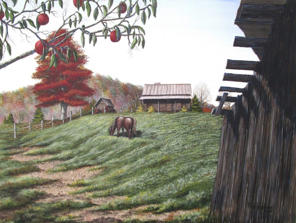 " Autumn Breeze"-Fall art print that features brilliantly colored leaves of autumn begin to fall at apple season all around a log cabin just below "Star Mountain" in the foothills of North Carolina.