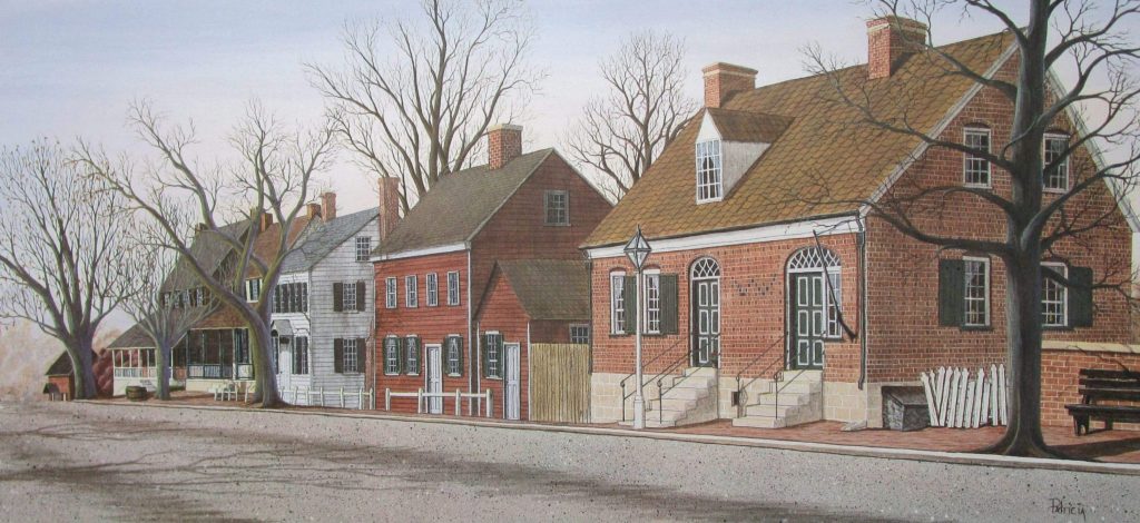 "Salem Radiance" an historical art print featuring the Moravian village of Old Salem, North Carolina.