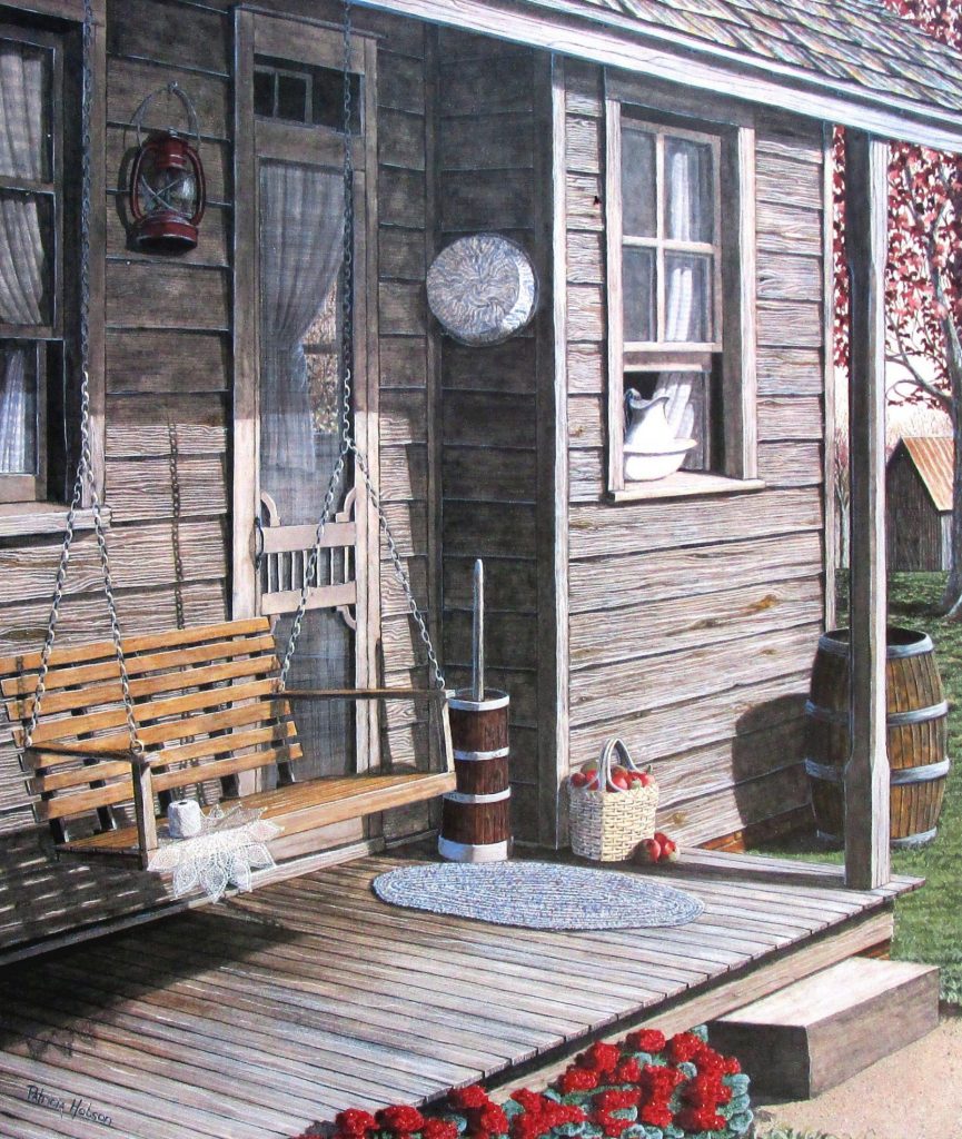 "Precious Memories" a fall art print that will tug at your heart strings. This a painting that I did of my Granny's back porch. I included her old bowl and pitcher, enamel ware dish pan, churn and of course a doily she crocheted.