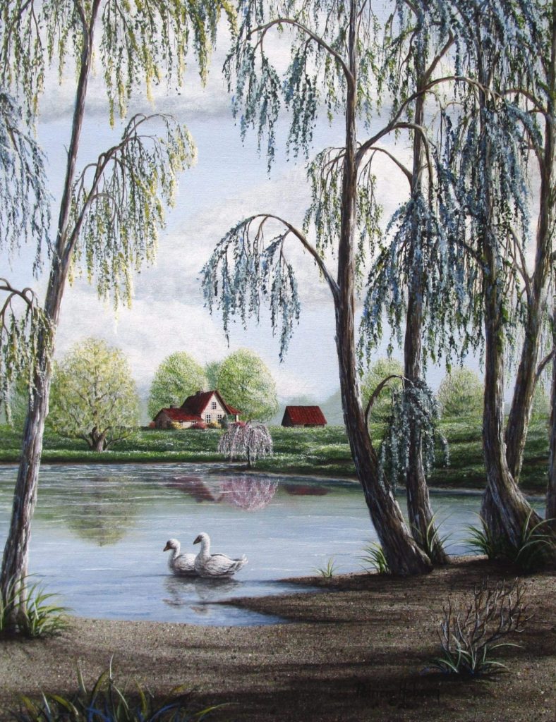 Geese swimming along the edge of a pond under the willow trees is the focal point of this limited edition print called "Signs of Sprint."