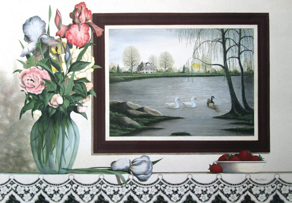 This is a must see. An art print featuring a landscape painting on the wall in a still life scene.