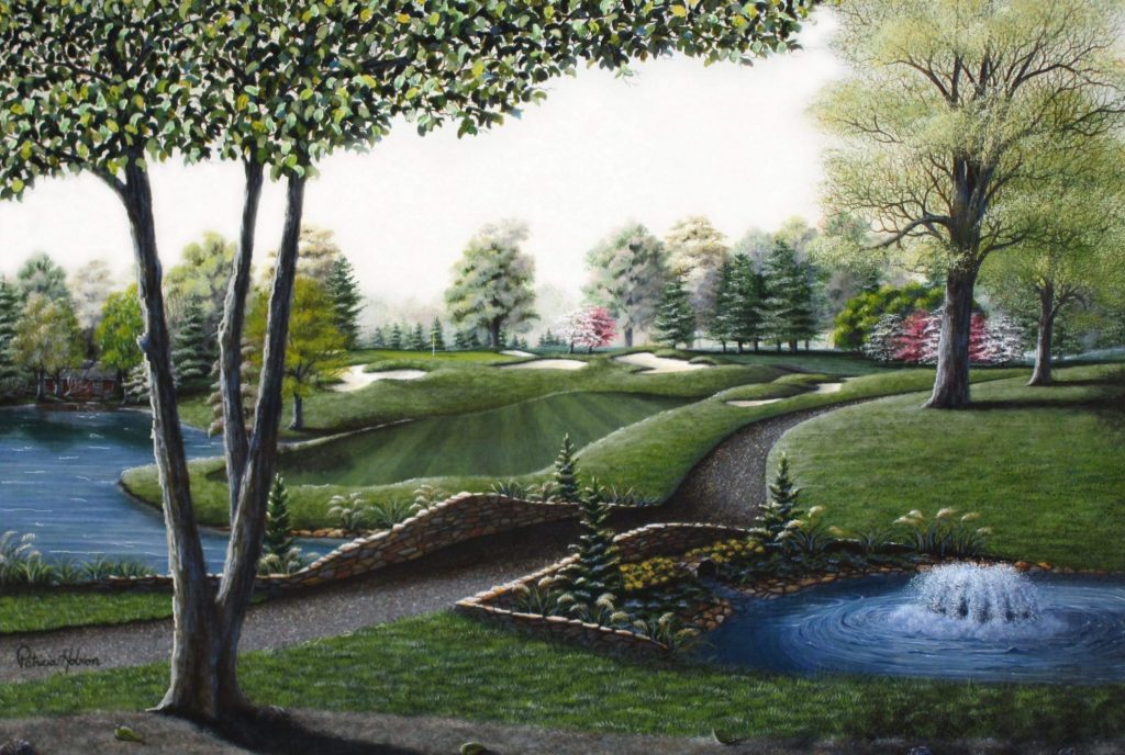 "The Stone Bridge" The 14th hole at Tanglewood Golf Course in Clemmons, North Carolina by American country Artist Patricia Hobson.