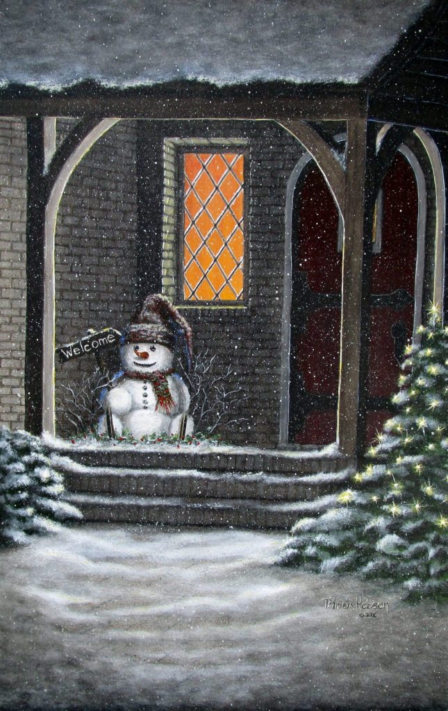 A winter art print with a little snowman sitting on a porch holding a welcome sign and a tree lit with tiny lights next to the porch.