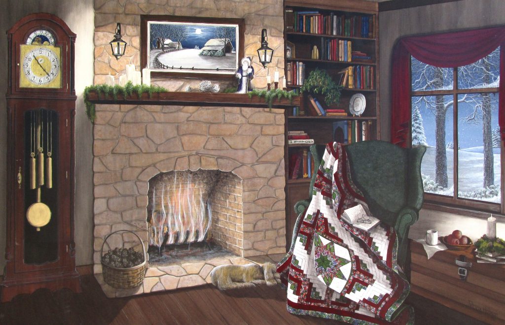 This winter art print features an old quilt thrown over a chair sitting by a fireplace and "My Best Friend" the Cocker Spaniel, Elsa May.