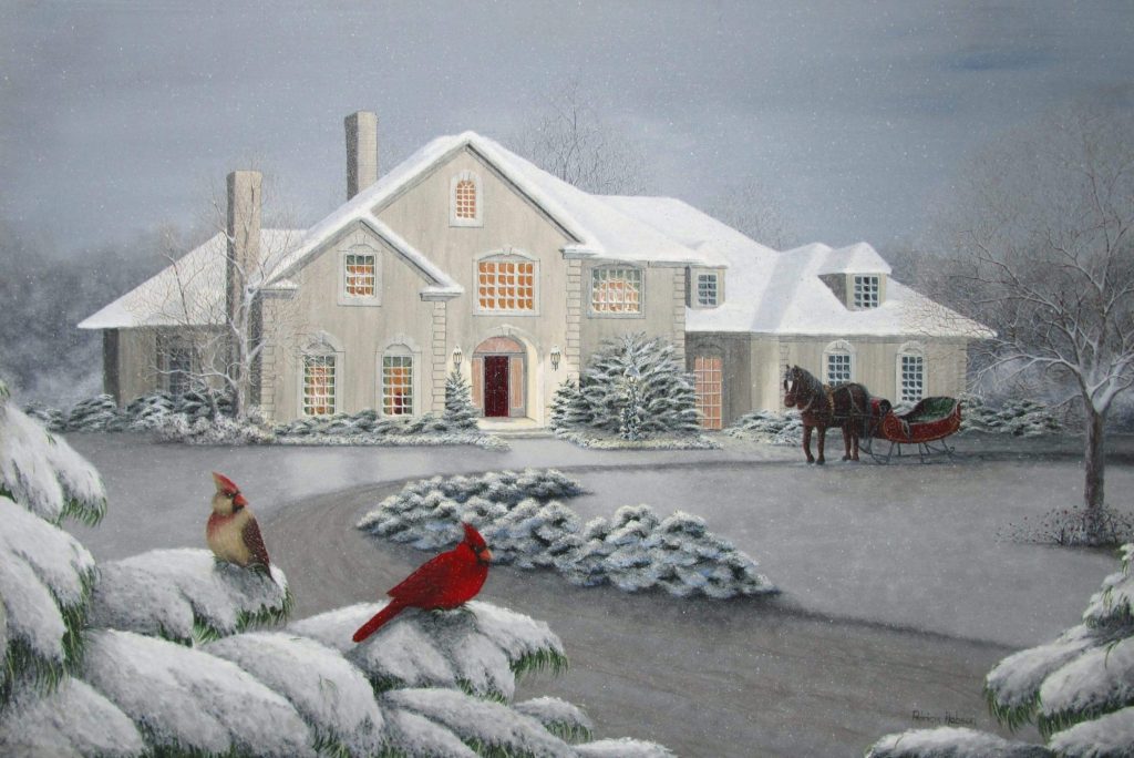 "The Gathering"- a winter art print featuring a pair of cardinals sitting on snow laden pine boughs watching a horse and sleigh in front of a big contemporary home by American Country Artist Patricia Hobson.