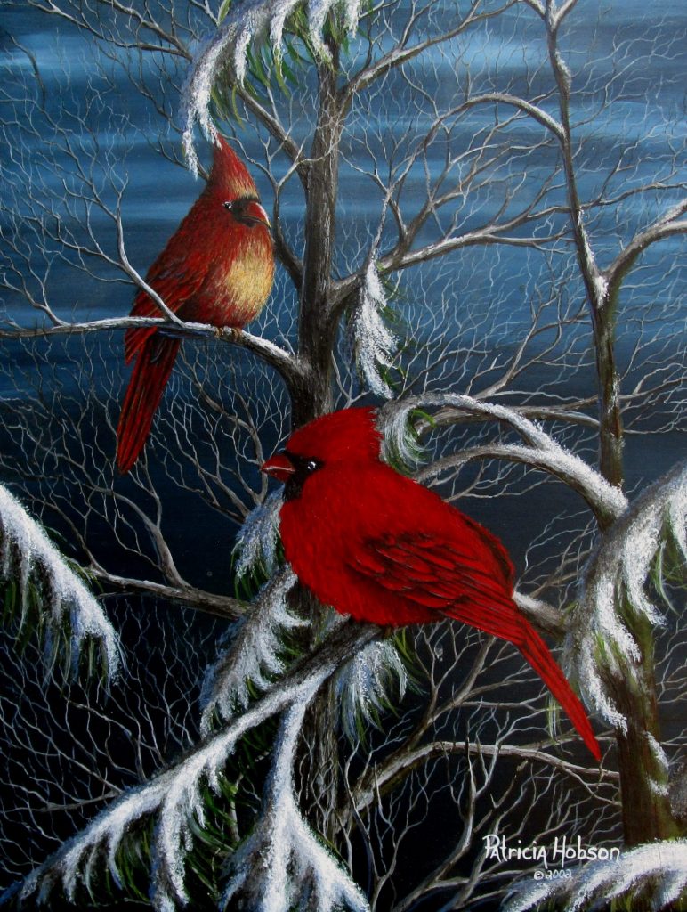 "The Meeting" is an art print featuring a pair of cardinals meeting in a pine tree on a snowy evening.