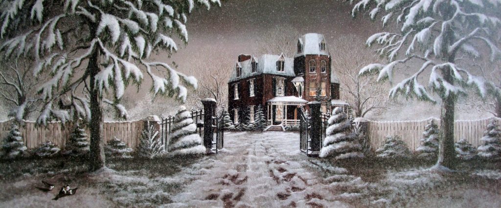 This historical art print, "A Winter's Gift" is a view of the majestic Tate Mansion located in Morganton, North Carolina. the home is surrounded by a scalloped picket fence, trees laden with snow and the birds grabbing the last bits of food left on the ground under the feeder.