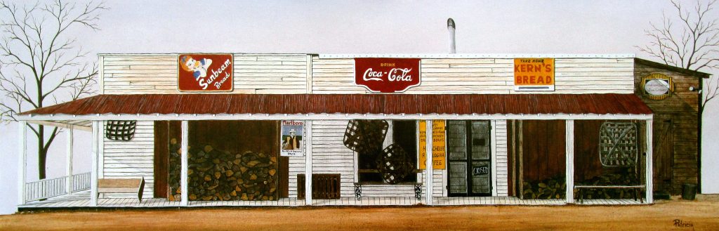 The Rockford country store if featured in this historical art print by American country artist Patricia Hobson.