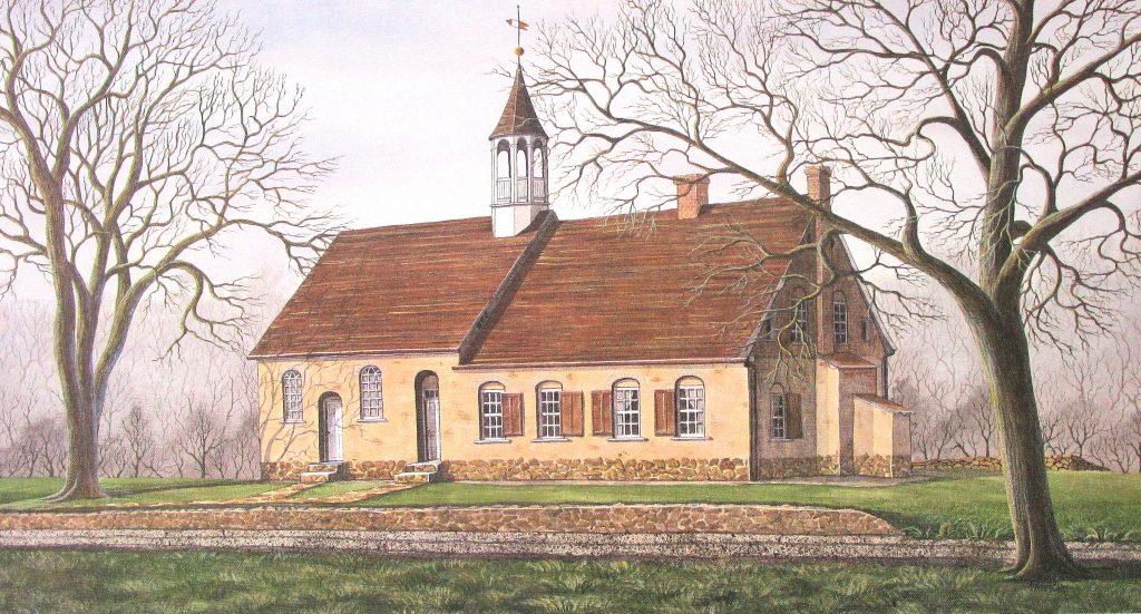 Historic Bethabara Church is features in this early spring art print.