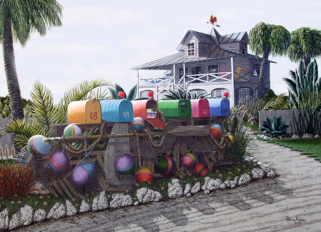 Beautiful Key West, Florida scene featuring a beach house with a row of bright pastel colored mail boxes and a postcard saying "Wish You Were Here."