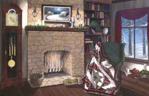 This limited edition print called "My Best Friend" is a cozy scene that has a quilt thrown over a chair that is sitting in front of a rock fireplace. There is a Grand Father Clock and of course Patricia's best friend her Cocker Spaniel, the late Elsa May.