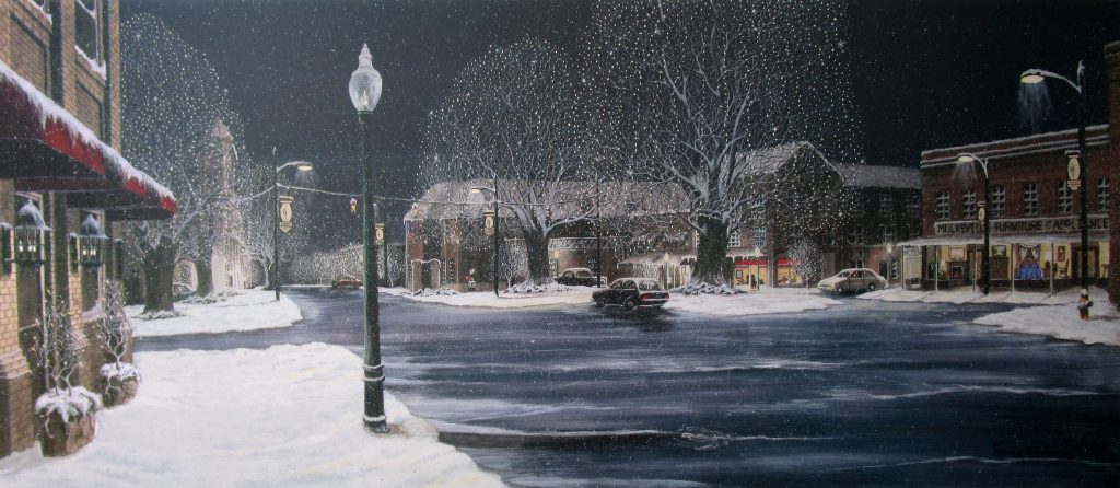 Art print featuring a snowy evening in downtown Mocksville, North Carolina with Icy streets, Christmas lights in all the trees and last minute shoppers.